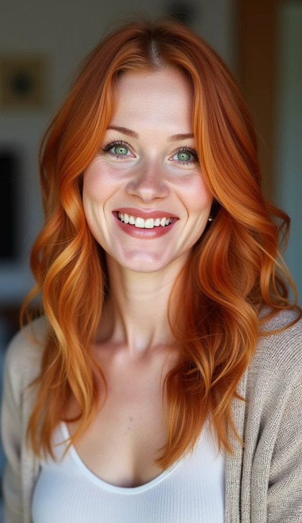 Raw photo, ( woman, solo), (medium breasts), (redhead, green eyes), (casual clothes), smile, 