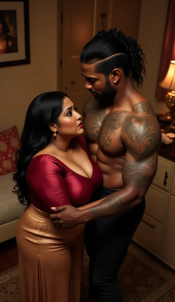 Protait photo of bbc photo shoot, blkd, 40 year old muscular body black skin man, white 25 year old Indian girl, long hair, looking at viewer, 1boy, navel, hetero, clothed,  teeth, dark skin, abs, dark-skinned male, realistic, interracial, photo shoot full body, [gorilla:6], (Indian girl wearing full size saree and black man is completely naked), oval office location, Judaism, Muslim slave,
perfect skin perfect {face |model face}, handsome,  black hair, Jewish,
{supermodel |model},
pretty face, {__body-light__ body type |   }, pretty eyes, whole body capture in this picture,
{masterpiece | photorealistic | best quality | 4k | 8k },
 __technique__ lighting, real life, 
{RAW photo, subject, 8k uhd,  soft lighting, high quality, film grain,  },
realistic,