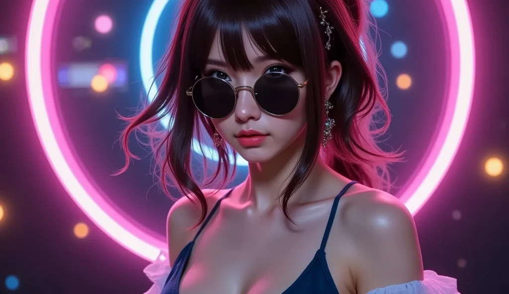 A beautiful woman with curled brown hair wearing sunglasses, large headphones, cyberpunk neon background, in a dark room, neon glow, detailed face, high quality, photorealistic, 8k, intricate details, dramatic lighting, cinematic mood, moody atmosphere, neon colors, glowing elements, futuristic, sci-fi, digital art