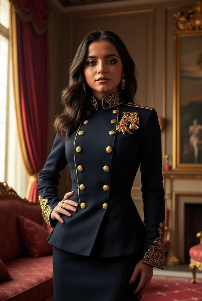 Isabela Merced,wavy hair,dark blue  highranked uniform with gold details,in a italian manor livingroom