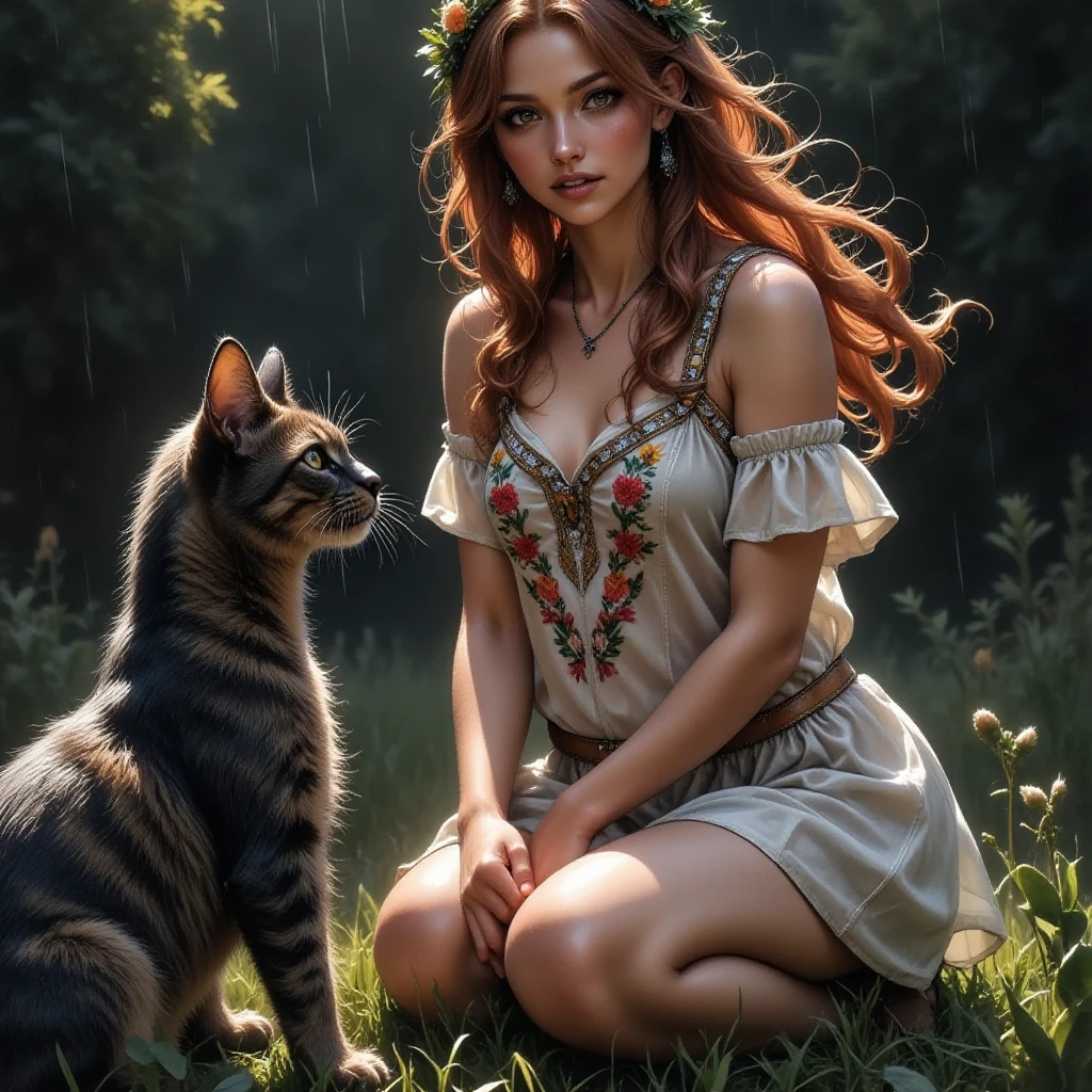  photorealistic image ukrainian woman with very long red curly hair, wreath on the head of wildflowers .  light ethnic short very transparent dress with embroidery . in the barn . full height. kneeling cancer . in front of her a cat .  heavy thunderstorm and rain . hair wet .  dress wet to transparency 