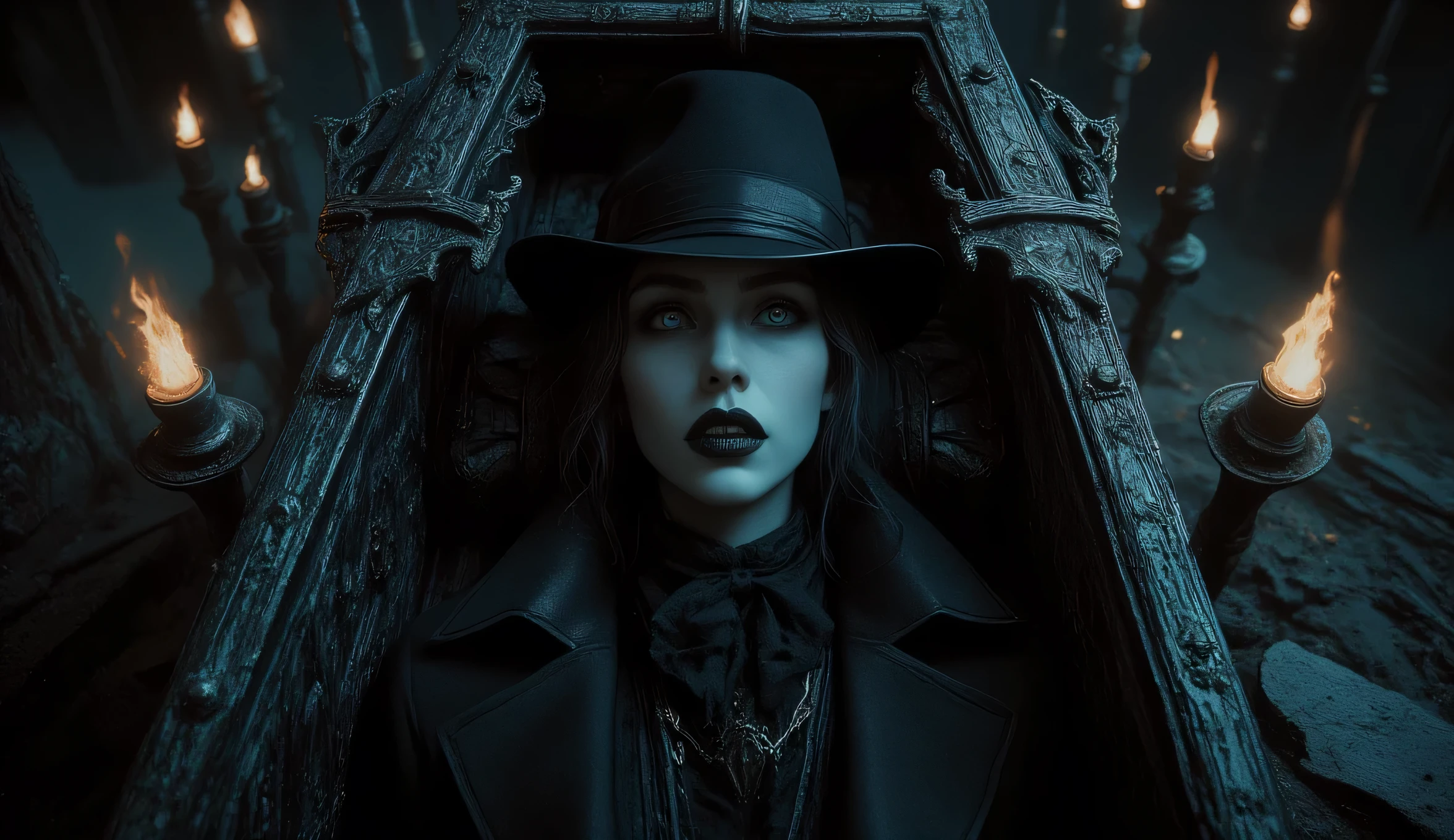 Undertaker (a tall cute woman with gothic fashion: black fedora hat, black overcoat and undershirt, black pants, black facial hair), he has only white eyes with no pupil, laying in a coffin. He appears menacing. The area is dark, the image is lighted with only the fire torches in the area. Top-down shot on the full coffin and undertaker, who stares at viewer menacingly, baring his teeth. The atmosphere is dark, eerie and menacing.