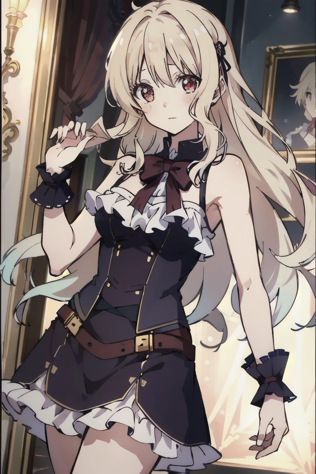 ( Moroccan masterpiece , better quality)
Yui Diabolik lovers Seul, long hair, fringe, blond hair, red eyes, medium breasts, queue de cheval,