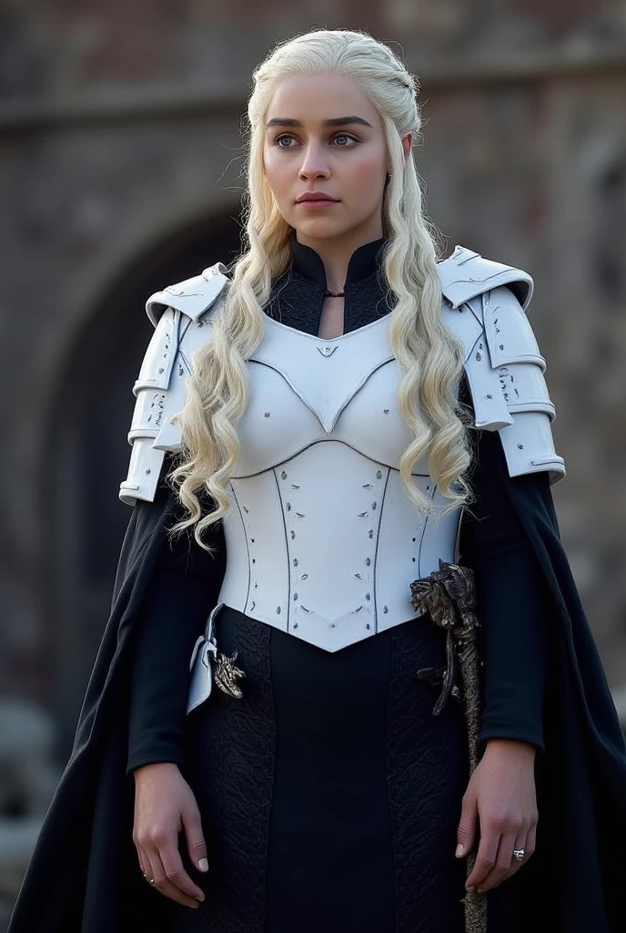 Daemerys Targaryen,black robe dress,white advanced armor chestplate and shoulder pads