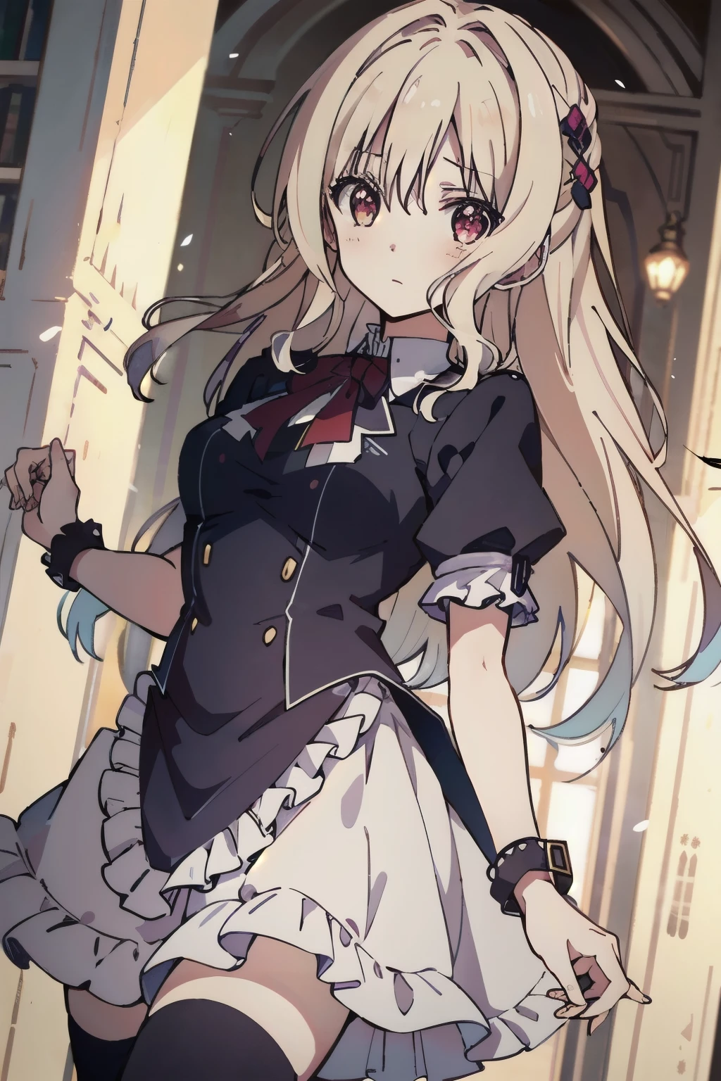 ( Moroccan masterpiece , better quality)
Yui Diabolik lovers Seul, long hair, fringe, blond hair, red eyes, medium breasts, queue de cheval,