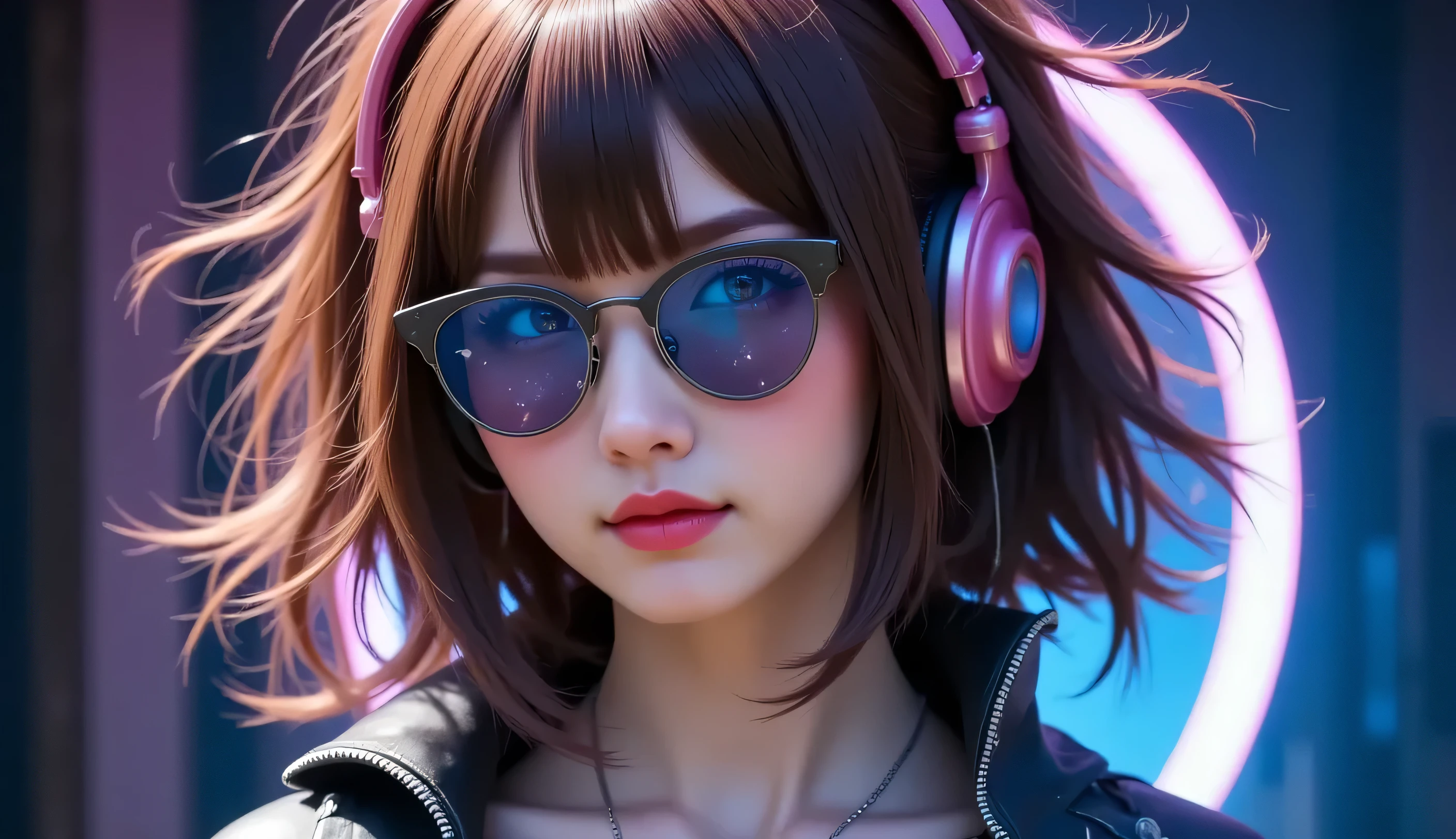 A beautiful woman with curled brown hair wearing sunglasses, large headphones, cyberpunk neon background, in a dark room, neon glow, detailed face, high quality, photorealistic, 8k, intricate details, dramatic lighting, cinematic mood, moody atmosphere, neon colors, glowing elements, futuristic, sci-fi, digital art