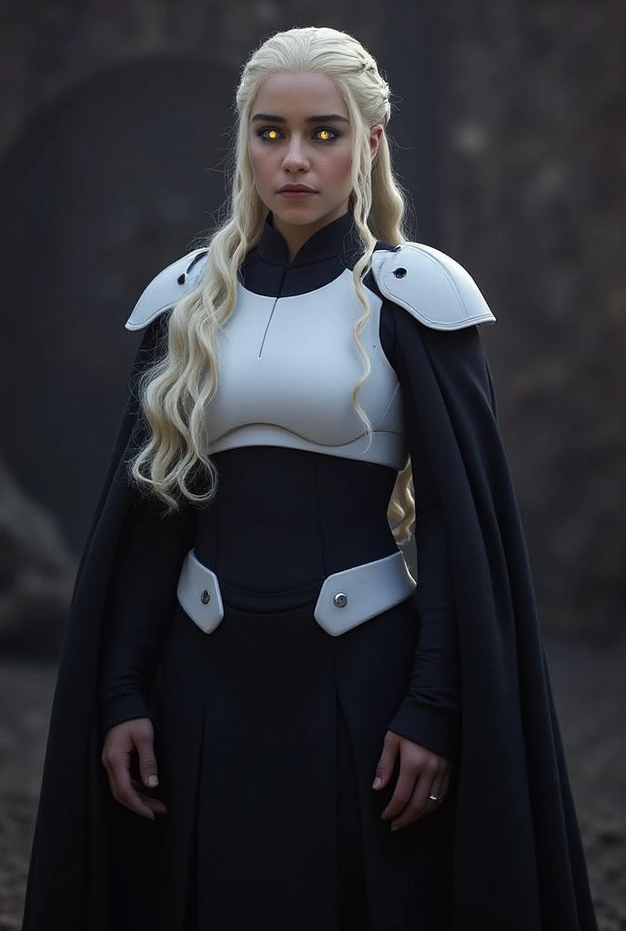 Daemerys Targaryen,sith yellow eyes,black robe dress,white advanced armor chestplate and shoulder pads