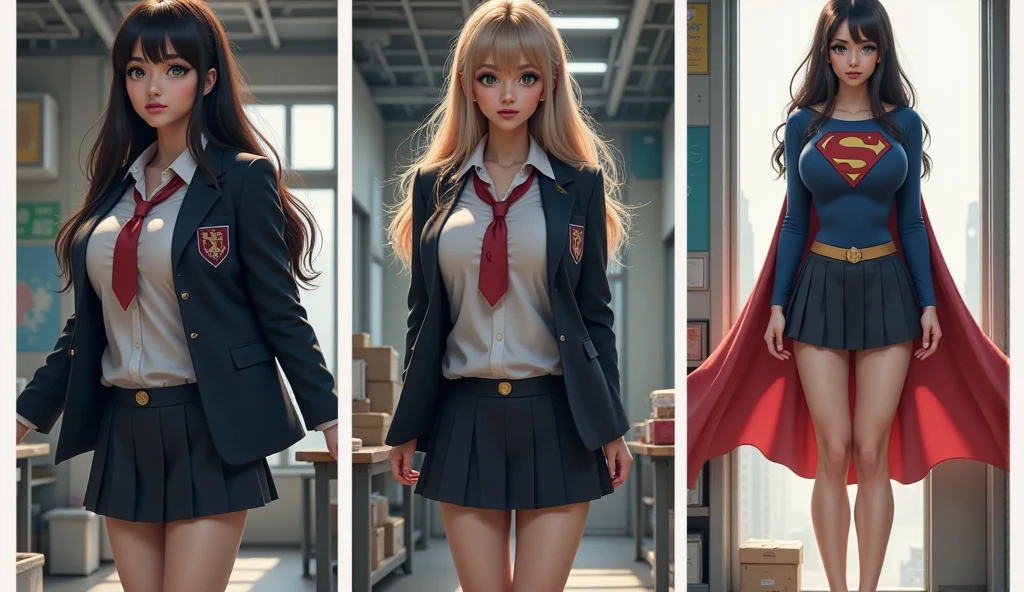 A SEXY MATURE JAPANESE SCHOOL GIRL WITH BLACK HAIR AND GREEN EYES. WATCH IN THIS 3 STAGE TRANSFORMATION AS THE SUPER SERUM TAKES EFFECT AND TRANSFORMS THE SCHOOL GIRL INTO SUPERGIRL. FIRST FRAME SHE IS WEARING HER ICONIC BLACK AND WHITE SCHOOL GIRL UNIFORM, IN THE SECOND FRAME HER SCHOOL GIRL UNIFORM OPENS AS HER BODY GROWS AS HER EYES TURN BLUE AND HER HAIR TURNS BLONDE AS POWER SURGES THROUGH HER, IN THE FINAL FRAME SHE IS WEARING A BLUE SUPERGIRL COSTUME AND RED CAPE. PHOTO-REALISTIC, 4K, HIGH RES.N COMIC BOOK.