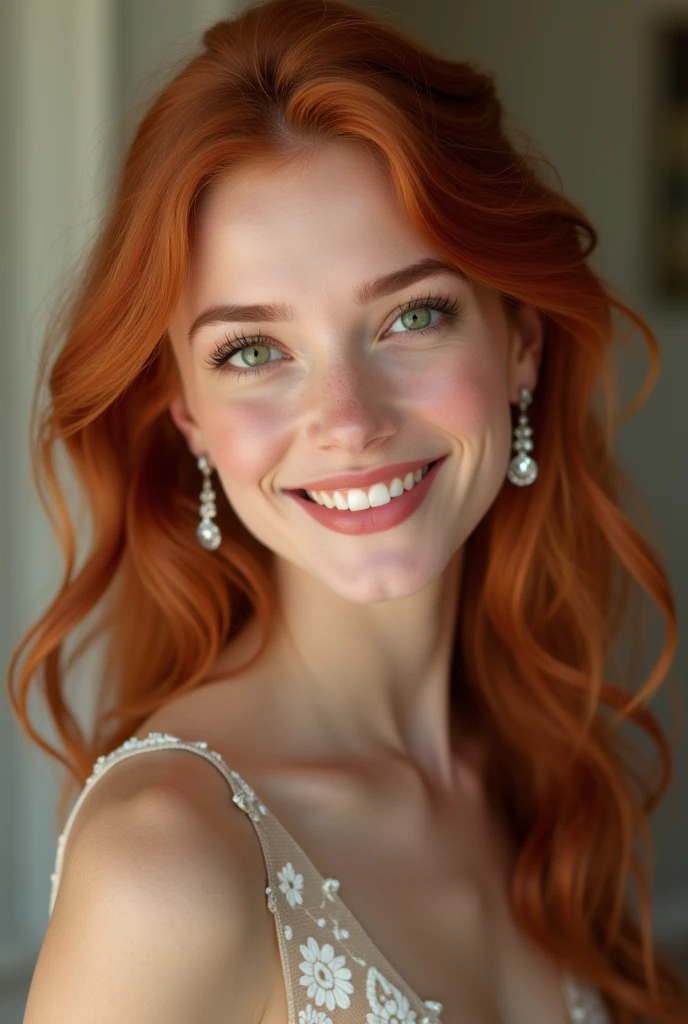 Realistic photo of the upper body of a smiling woman, Beautiful red-haired woman with long hair, She dances in front of the camera in a long A-line bridesmaid dress with straps made of shiny golden satin., Park,glamour fotoshooting, Wedding celebration, perfect anatomy, perfect green eyes. Perfect hands with 5 fingers on each hand, Suitable woman , looking at the camera, 1 Frau. (Eye make up:1.1), (highly detailed skin:1.1), spirit, analog style, keen focus, 8K UHD, dslr, good quality, Fujifilm XT3, Grain, Award-winning, masterpiece. Wedding celebration