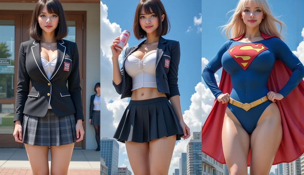 A SEXY MATURE JAPANESE SCHOOL GIRL WITH BLACK HAIR AND GREEN EYES DRINKS A SUPER SERUM THAT TRANSFORMS HER FOREVER. WATCH IN THIS 3 STAE TRANSFORMATION AS THE SUPER SERUM TAKES EFFECT AND TRANSFORMS THE SCHOOL GIRL INTO SUPERGIRL. FIRST FRAME SHE IS WEARING HER ICONIC BLACK AND WHITE SCHOOL GIRL UNIFORM, IN THE SECOND FRAME HER SCHOOL GIRL UNIFORM OPENS AS HER BODY GROWS AS HER EYES TURN BLUE AND HER HAIR TURNS BLONDE, IN THE FINAL FRAME SHE IS WEARING A BLUE SUPERGIRL COSTUME AND RED CAPE