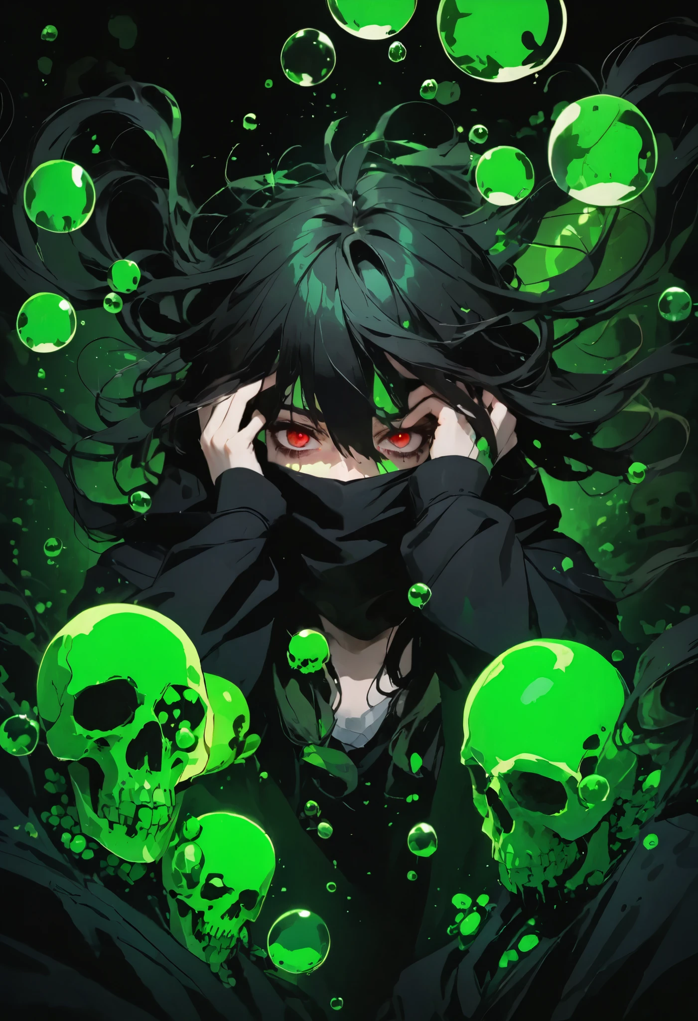(( severe bruises under the eyes , dark circles under the eyes , выраженные dark circles under the eyes )), Очень мрачный взглyad исподлобья, born sick , бездушный взглyad, грустный взглyad, тëмные круги под глазами от lack of sleep а、Beauty, 1 guy из старшей школы、 brunette , black disheveled hair , black hair , direct、beans、 very disheveled hair , Hair covers eyes 、 } red eyes are hard to see because of the hair, очень грустный убитый взглyad исподлобья, dark circles under the eyes , dark shadows on the eyelids , Sunken eyes, lack of sleep , hair completely covers the eyes , black hair hangs over face , black cape with hood , вокруг зелëный yad, яркие светящиеся yadовито зелëные пузыри, skull, neon green , yad, всё покрыто yadом, парень повелевает yadом, парень управляет yadом, black background , darkness, darkness, One, 1 guy