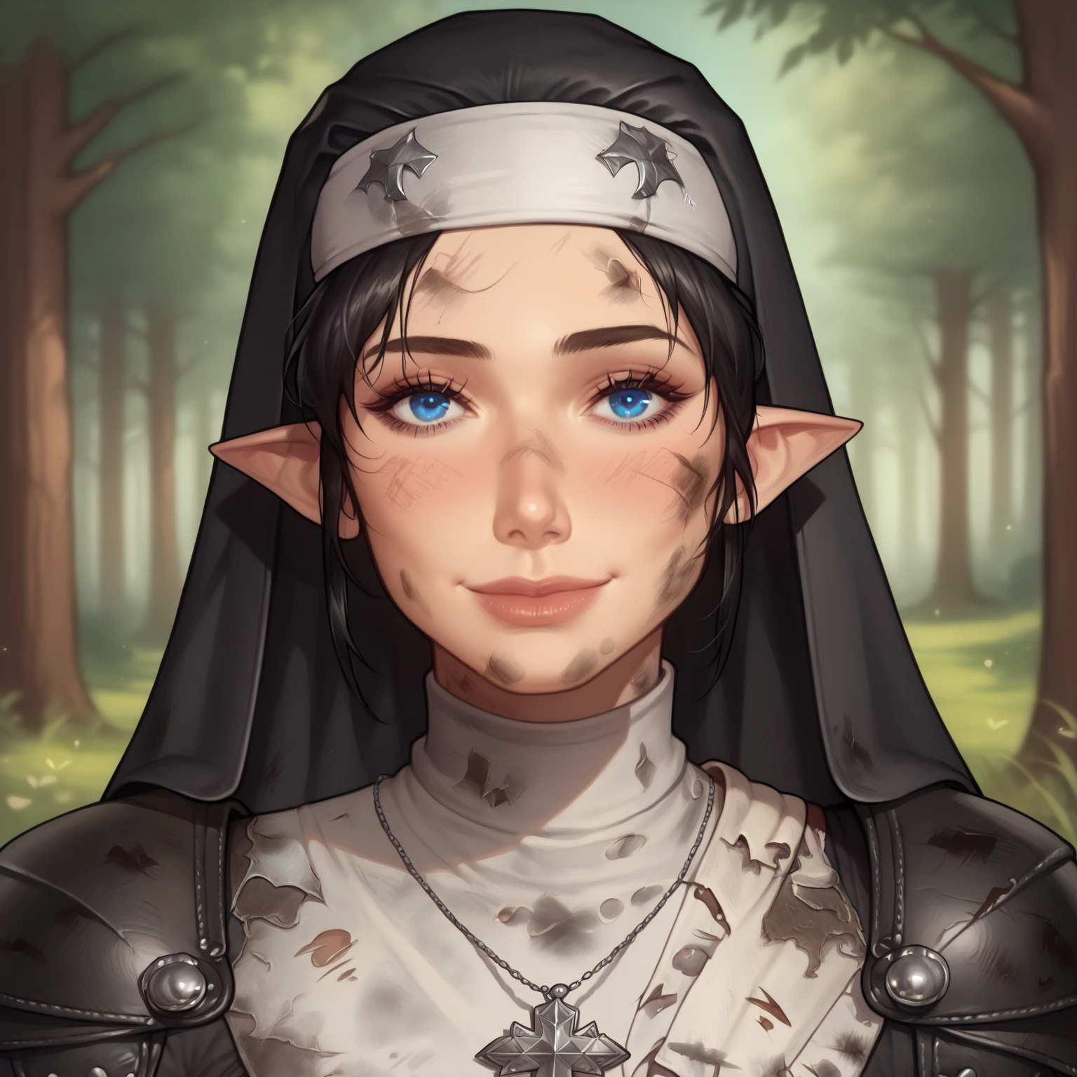 (((beautiful, high quality, comics style, detailed face))), score_9, score_8_up, score_7_up, BREAK, 1girl, duxlipa, warrior nun, small pointed ears, black hair, blue eyes, leather armor, (leather shoulder pads:1.4), simple pendant, nun veil, dirty clothes, smile, docile, female focus, solo:1.4, portrait, upper body, portrait, looking at the viewer, forest background, fantasy, blurred background, Expressiveh, detailxl, DeepNegative_xl_v1, zPDXL3