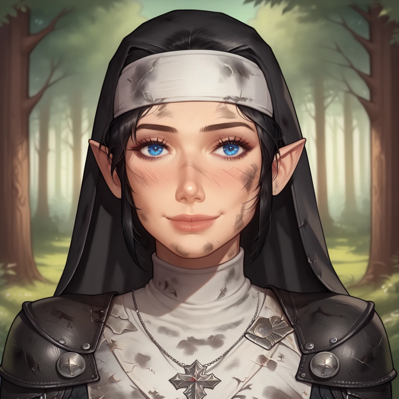 (((beautiful, high quality, comics style, detailed face))), score_9, score_8_up, score_7_up, BREAK, 1girl, duxlipa, warrior nun, small pointed ears, black hair, blue eyes, leather armor, (leather shoulder pads:1.4), simple pendant, nun veil, dirty clothes, smile, docile, female focus, solo:1.4, portrait, upper body, portrait, looking at the viewer, forest background, fantasy, blurred background, Expressiveh, detailxl, DeepNegative_xl_v1, zPDXL3