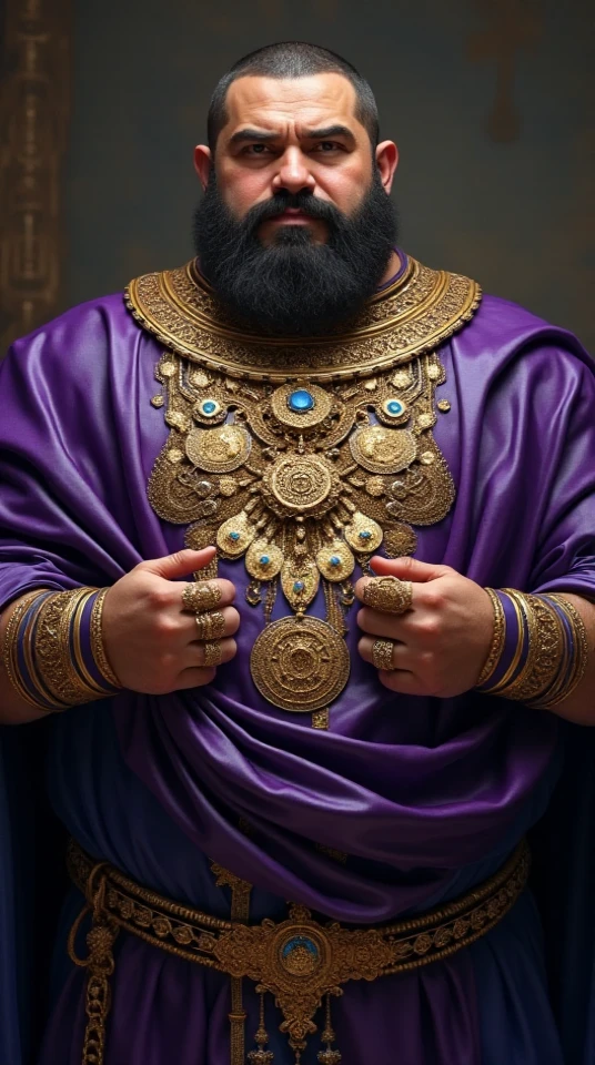  Fat rich man with an ambitious face from the time of ancient Israel dressed in luxurious jewelry , necklaces,  bracelets , bracelets, rings, dressed in purple clothes with shades of blue and gold 