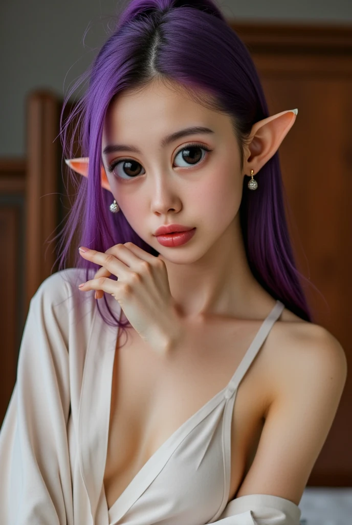 porn girls , Latex shoker,young girl 18 years, No mask cute young face,The face is watching ,  purple hair ,ponytail, black eyes,See full upper body, heavenly robe with large cutout , sitting in bed,lolita,jung, Face like a  ,elf ears,real nipples,See tits,Cat ears