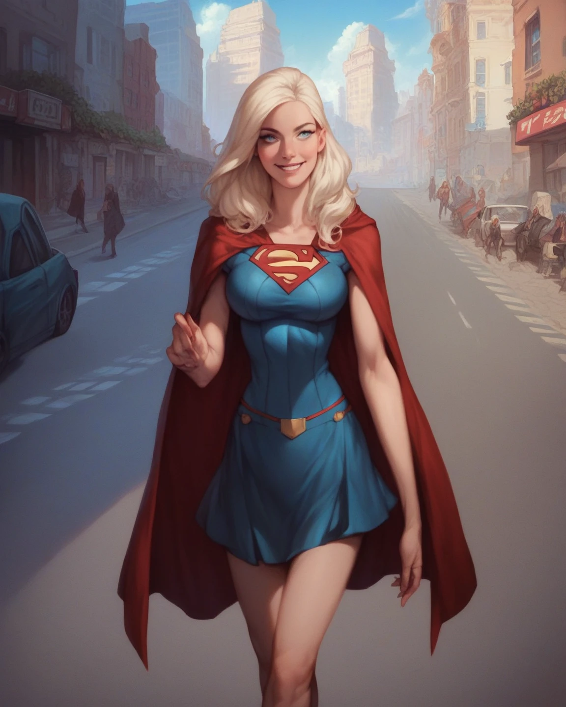 A beautiful sexy girl (Super girl) walking on the street, wearing a tight mini skirt and a red cape, blue eyes, blond hair, white pale skin, smiling seductive face, city background, intrincate, photorealistic, Ultra HD.