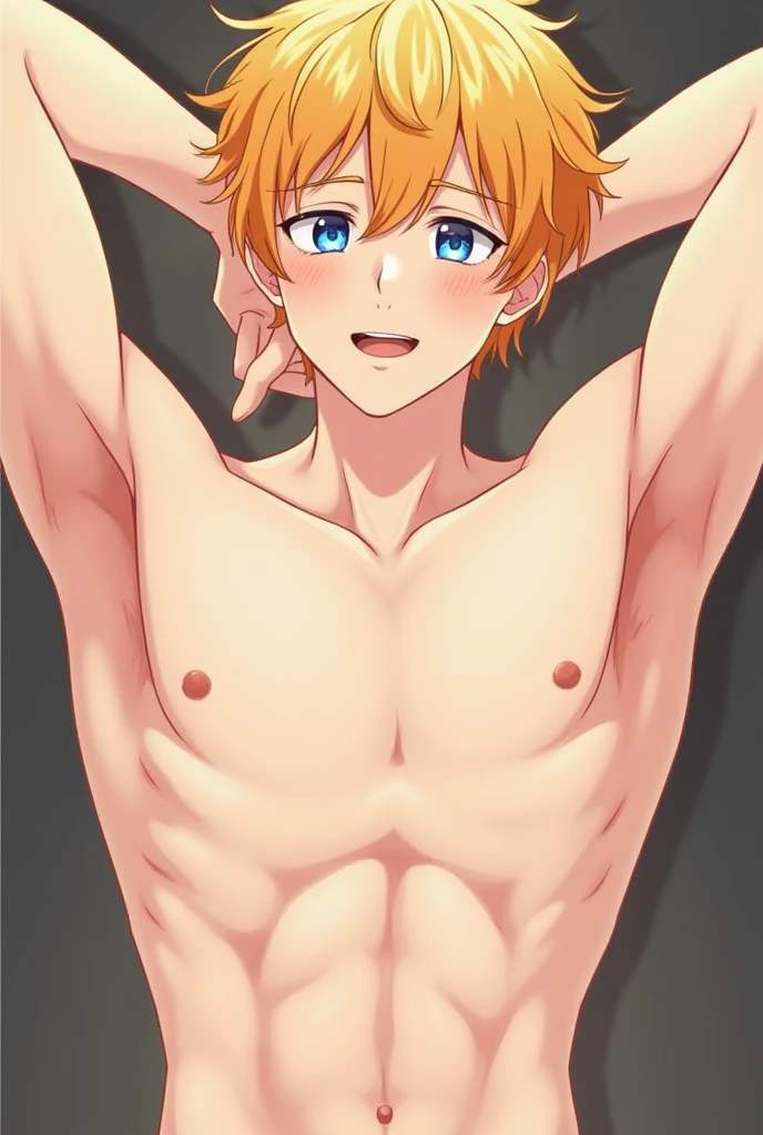 (masterpiece, best quality), 1boy，Lewdness，younge boy，Kid's face，Juvenile faces，sideface，Lying naked in bed，Covered in sweat，adolable，infancy，Young age，Short round face，Flat chin，Fine face in detail，Colored briefs，musculous, Short bright orange hair, Sky blue eyes，opens his eyes wide, 复杂, full bodyesbian,nakeness，Lewdness，Teal briefs,Pectoralis abdominal muscles，vivd colour,(depth of fields:1.2),(abs),looking at viewert，Lie down in bed，spread their legs，Arms open，Large pink flowers，Flowers, penis, dick