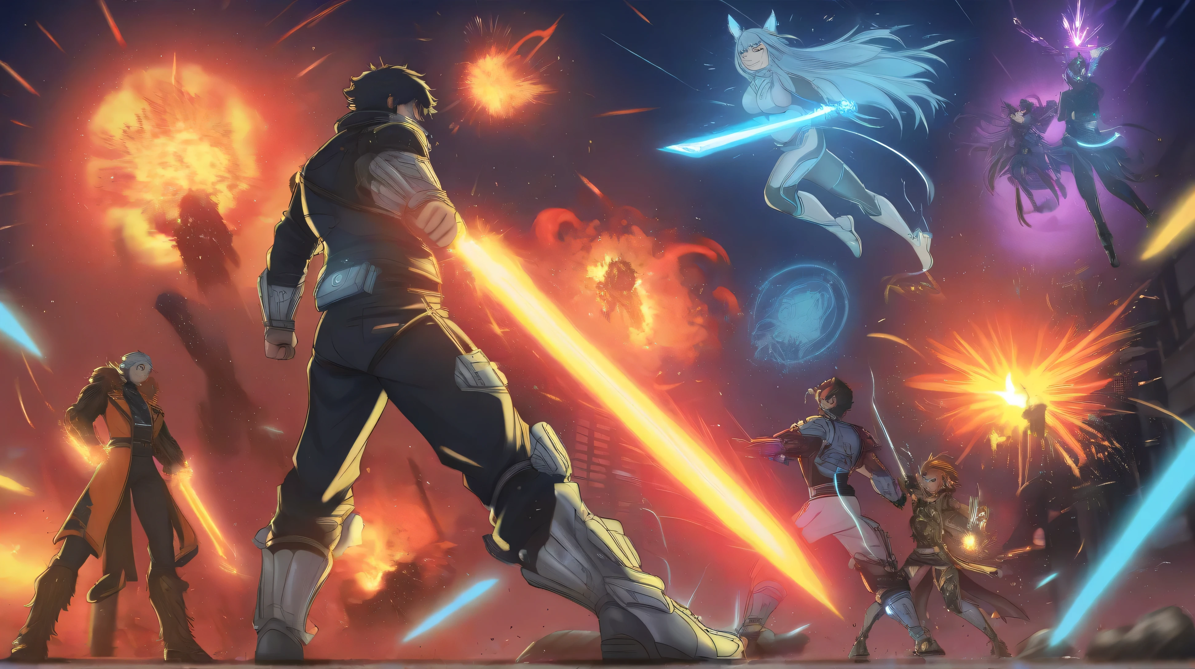 An intense anime-style fight scene between two powerful characters in a futuristic city at sunset. One character wields a glowing energy sword, surrounded by fiery orange and red aura, while the other controls icy blue magic with frost spreading across the ground. The background features towering skyscrapers, neon lights, and explosions in the distance. Dynamic action poses, dramatic lighting, and vibrant colors. The art style is highly detailed, with a mix of traditional anime and modern cinematic influences. Include motion lines, sparks, and debris flying through the air to emphasize the intensity of the battle.