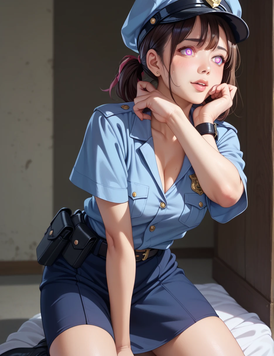 Female police officer。 brainwashing装置 、 hypnotized by headgear ,  headgear who becomes a sexual slave 、 Mind Control、brainwashing、An image of a Japanese woman wearing 