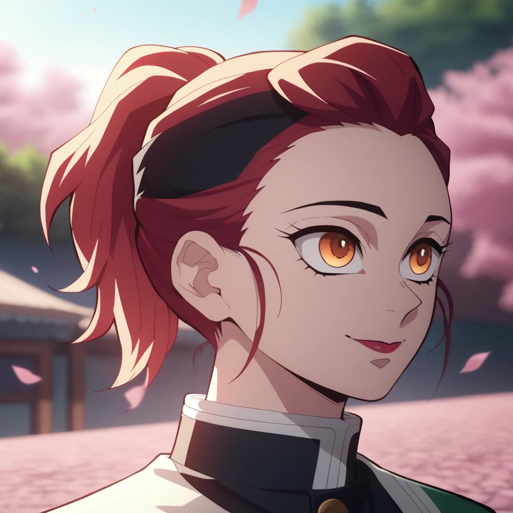 Anime Screencap, Season 4 Ufotable studio, girl with dark red hair, long hair, extremely long hair, long dark red hair, ponytail, amber eyes, orange eyes, wearing a black Demon Slayer uniform, yellow haori with white floral cloth pattern, smiling, feminine, cherry blossom background, face close up, headshot