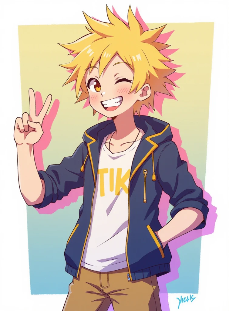 character art of denji waving, smiling denji, blonde hair guy peace sign, denji chainsaw man, blonde boy with sharp teeth, facial expressions, loish art style, loish art, yor sxf