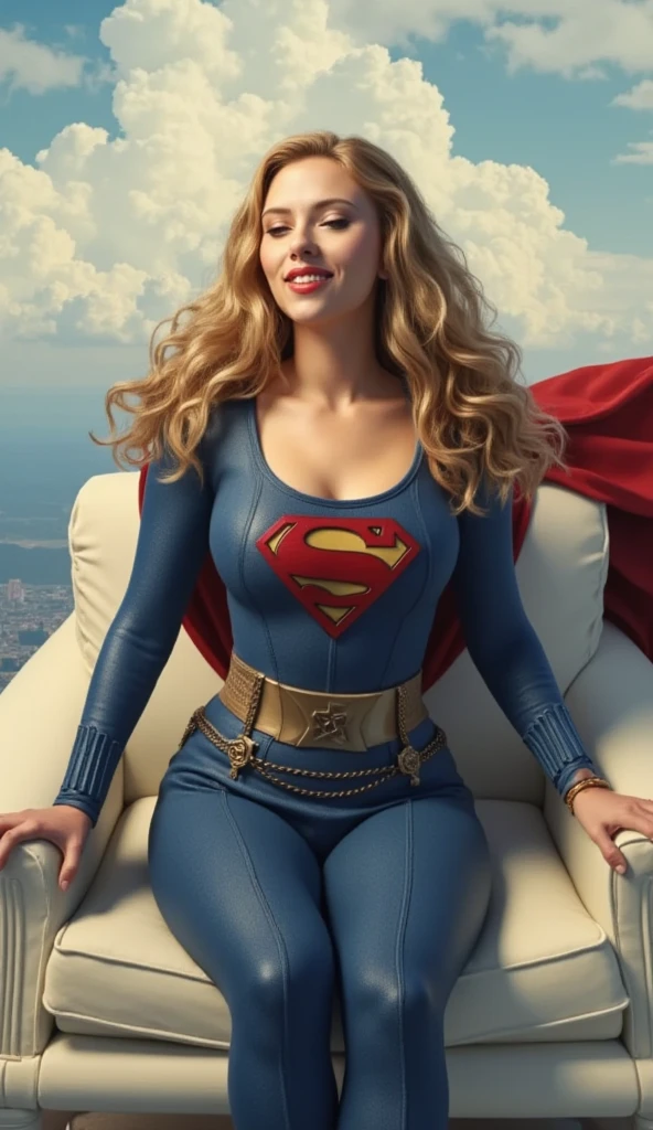 Scarlett Johansson dressed in traditional Superman , smiling, Sitting on a chair in a sensual pose in the clouds