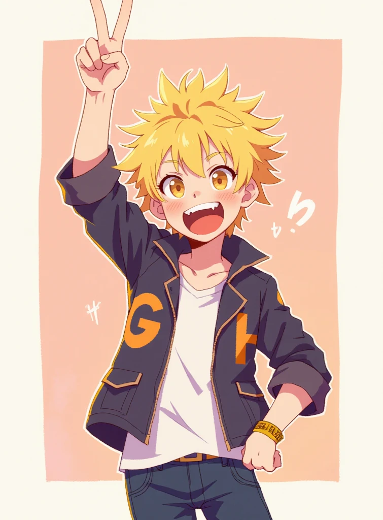 character art of denji waving, smiling denji, blonde hair guy peace sign, denji chainsaw man, blonde boy with sharp teeth, facial expressions, loish art style, loish art, yor sxf