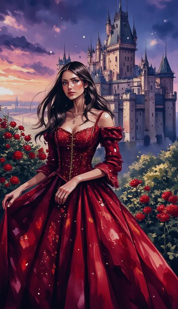 oilpainting, medieval style,beautiful princess in medieval,long dark red dress with golden sparkling details in dress.Princess has long shiny dark hair. Background is enchanted looking, purple and blue sky. There's also big,enchanted looking castle with big red rose bushes in front of the castle