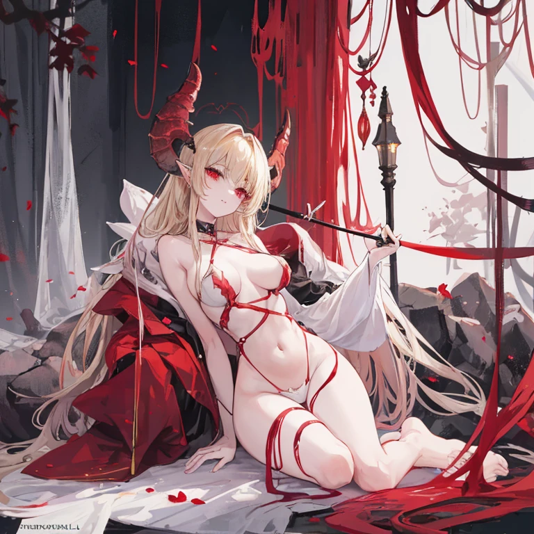 NSFW,Fate,Beast Nero,B1,1 girl,Young Girl,Small breasts,Embarrassed,blush,Red Dress,Castle,Leg spread,(Perfect hands),(Perfect Anatomy),(masterpiece),(highest quality),Tattoo,Frustrated face,Sitting