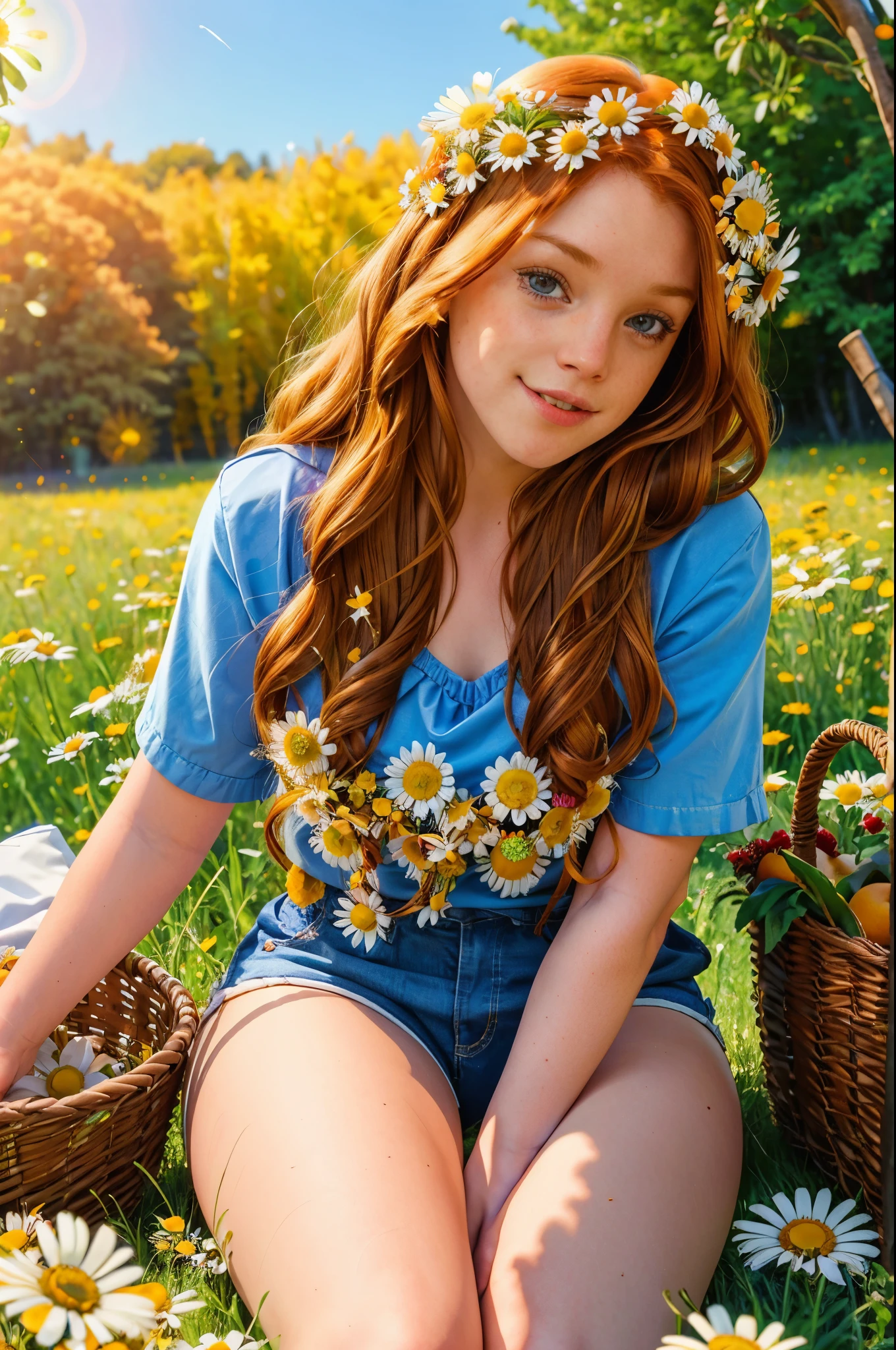 (girl:1.2),solo, (ginger curly long hair:1.1), brown eyes, wreath of daisies on her head, sitting in a field of daisies, smile, (fruit basket:1.1), blue shorts, red shirt, RAW photo, full sharp, (FullHD epic wallpaper) 8k uhd, dslr, soft lighting, high quality, film grain, Fujifilm XT3, fistevens