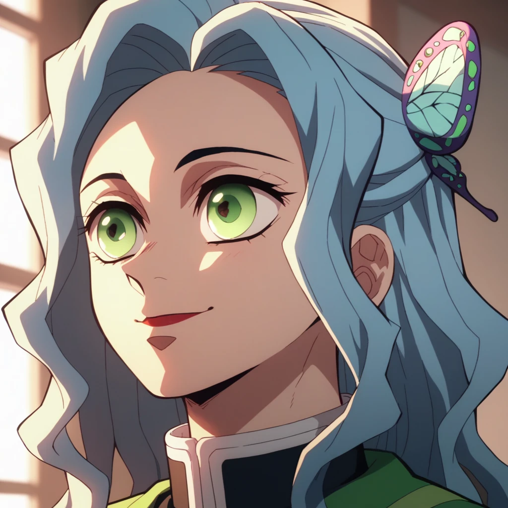 Anime Screencap, Season 4 Ufotable studio, girl with wavy light blue hair, loose hair, short wavy hair, light blue hair, emerald eyes, green eyes, wearing a black Demon Slayer uniform, smiling, feminine, face close up, headshot, green and yellow butterfly hair ornaments