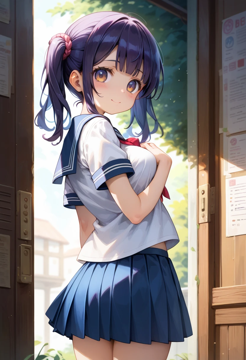 master piece,detailed,(((best quality))),megami magazine,[[[[medium breasts]]]] ,(((loli))),(((cute))),((((petite)))),looking at viewer,school uniform,from behind