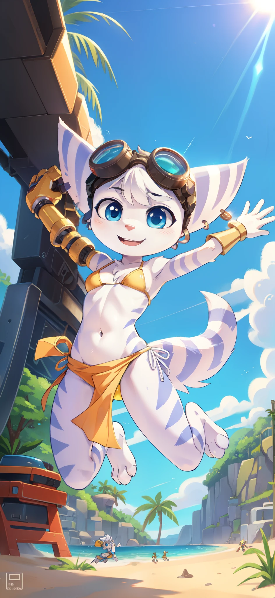 score_9,score_8_up,score_7_up, source_cartoon, source_furry, girl, Rivet, lombax, blue eyes, white body fur, white hair, animal ears, earrings, ((goggles, yellow bikini, sarong, navel)) bangs, mechanical left arm, tail, beach, clear sky, smile, solo, triadic lighting, feets with three toes, detailed body fur, detailed eyes, detailed face, gorgeous body, skinny, short body, big head, full body, jumping, happy, joyful, extended arms,