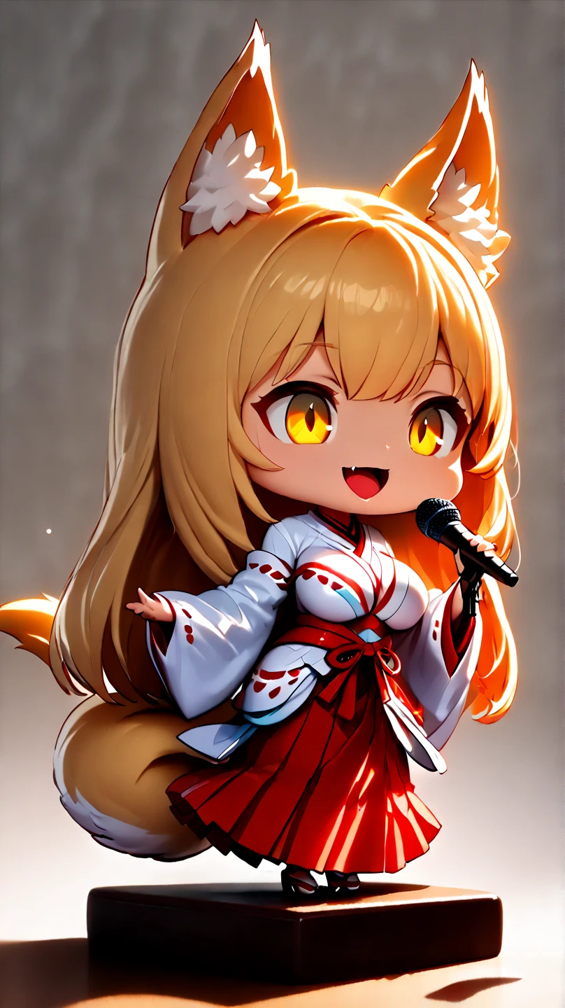 (  Masterpiece ,   best quality :1.2), ((( 1 anime girl))) , (((Alone))),   expressive eyes , Fox&#39;s Tail, ((( long blonde hair))). ((( straight hair))), milf, mature woman, (smile), ((( golden eyes))), (((Standard shrine maiden costume))), ((( fox ears))), Big Breasts, 嬉しそうなsmile, face shot, (((Hold the microphone and sing with your mouth open))),  looking at camera, goofy look, (((Torii of the small shrine ))),  Volume Light ,  subsurface scattering,  Cinematic Light ,  chiaroscuro,  jyojifuku, miko,red hakama, HUGE STUDY ROOM , ((( A miniature of a shrine on a huge desk))), ((( a very small hand-riding goddess on a huge desk))), Bird&#39;s-eye view, (((Tiny 5 cm tall woman ))), SD girl , ((full body))