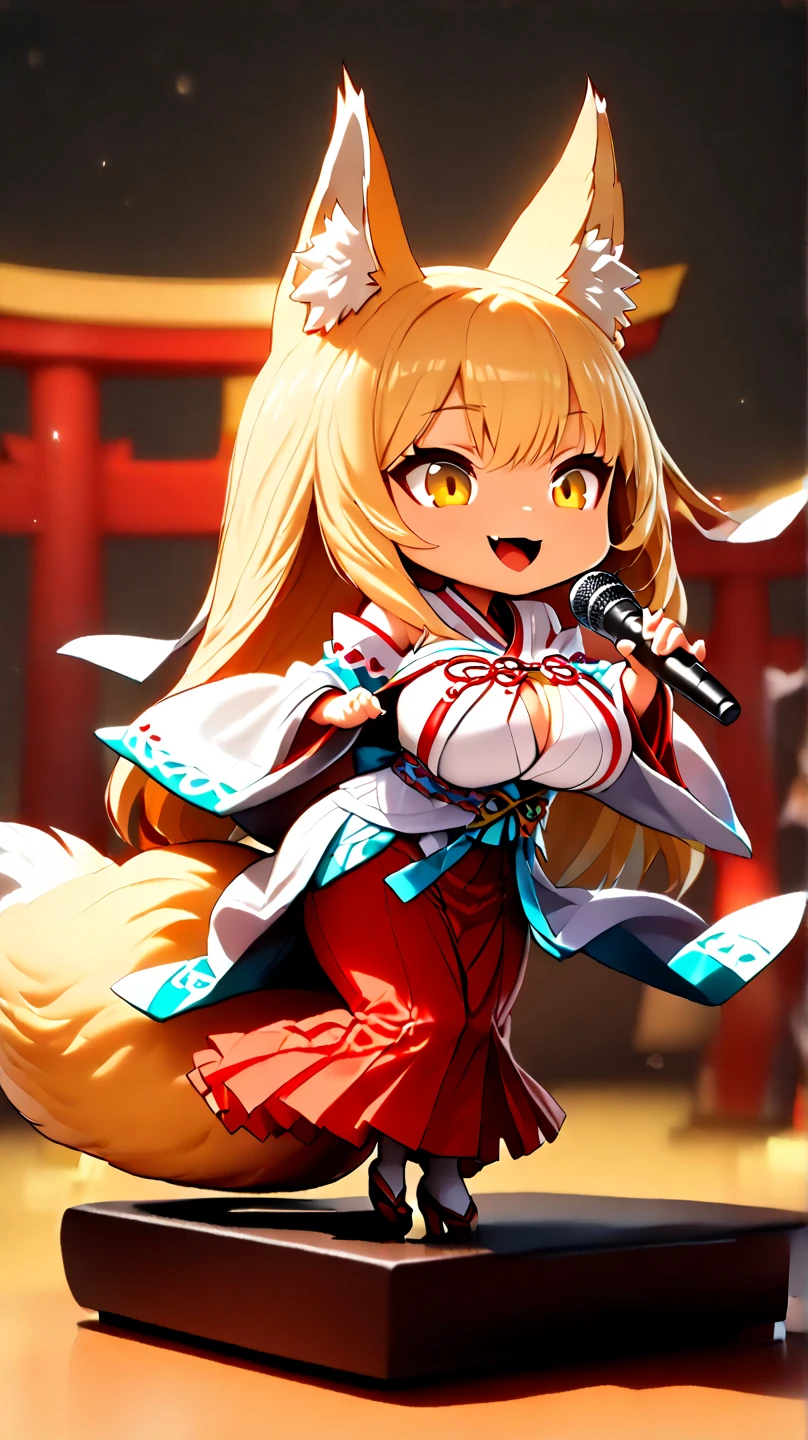 (  Masterpiece ,   best quality :1.2), ((( 1 anime girl))) , (((Alone))),   expressive eyes , Fox&#39;s Tail, ((( long blonde hair))). ((( straight hair))), milf, mature woman, (smile), ((( golden eyes))), (((Standard shrine maiden costume))), ((( fox ears))), Big Breasts, 嬉しそうなsmile, face shot, (((Hold the microphone and sing with your mouth open))),  looking at camera, goofy look, (((Torii of the small shrine ))),  Volume Light ,  subsurface scattering,  Cinematic Light ,  chiaroscuro,  jyojifuku, miko,red hakama, HUGE STUDY ROOM , ((( A miniature of a shrine on a huge desk))), ((( a very small hand-riding goddess on a huge desk))), Bird&#39;s-eye view, (((Tiny 5 cm tall woman ))), SD girl , ((full body))