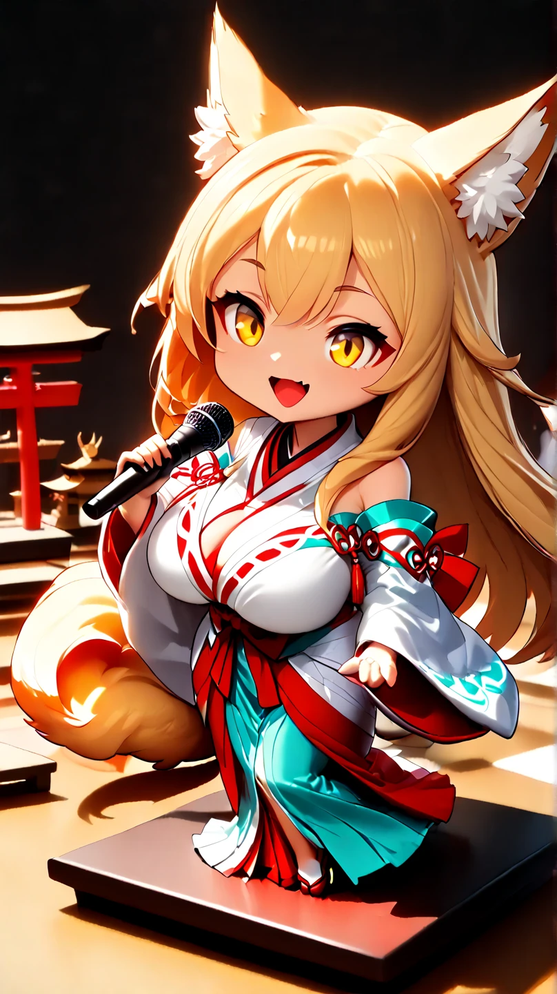 (  Masterpiece ,   best quality :1.2), ((( 1 anime girl))) , (((Alone))),   expressive eyes , Fox&#39;s Tail, ((( long blonde hair))). ((( straight hair))), milf, mature woman, (smile), ((( golden eyes))), (((Standard shrine maiden costume))), ((( fox ears))), Big Breasts, 嬉しそうなsmile, face shot, (((Hold the microphone and sing with your mouth open))),  looking at camera, goofy look, (((Torii of the small shrine ))),  Volume Light ,  subsurface scattering,  Cinematic Light ,  chiaroscuro,  jyojifuku, miko,red hakama, HUGE STUDY ROOM , ((( A miniature of a shrine on a huge desk))), ((( a very small hand-riding goddess on a huge desk))), Bird&#39;s-eye view, (((Tiny 5 cm tall woman ))), SD girl , ((full body))