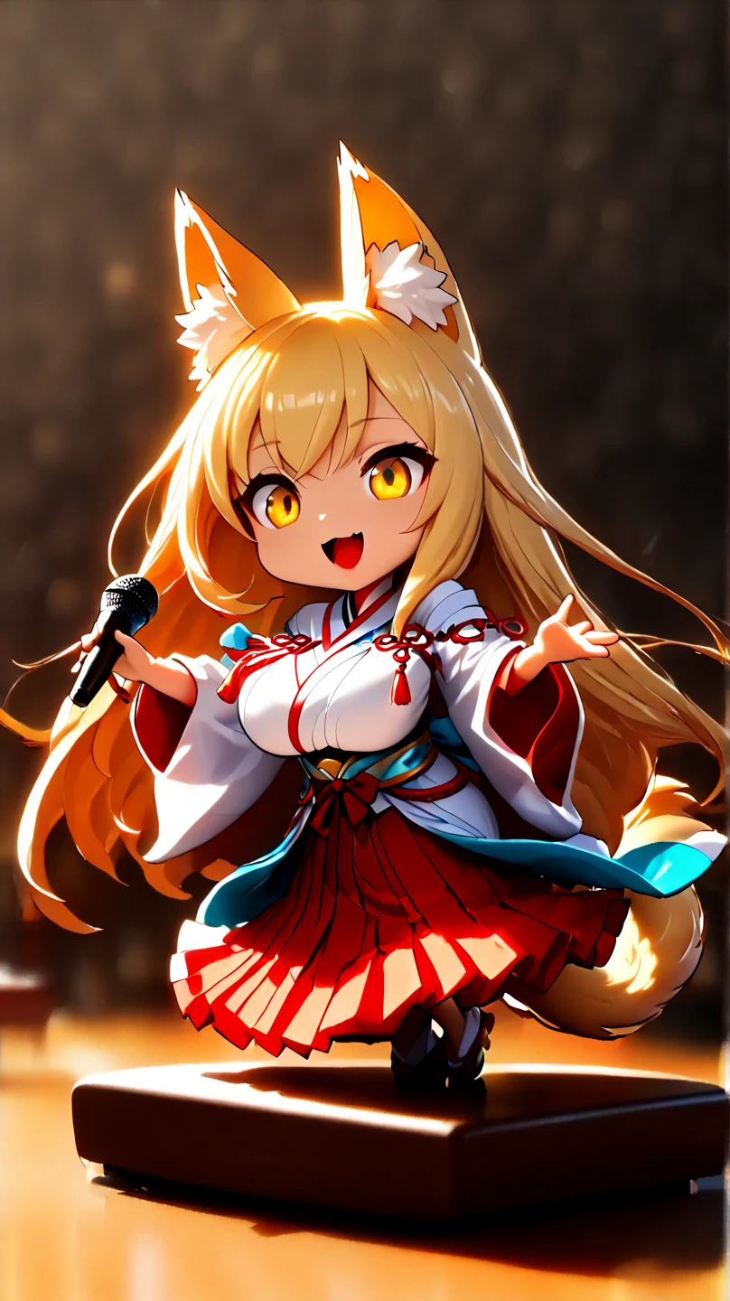 (  Masterpiece ,   best quality :1.2), ((( 1 anime girl))) , (((Alone))),   expressive eyes , Fox&#39;s Tail, ((( long blonde hair))). ((( straight hair))), milf, mature woman, (smile), ((( golden eyes))), (((Standard shrine maiden costume))), ((( fox ears))), Big Breasts, 嬉しそうなsmile, face shot, (((Hold the microphone and sing with your mouth open))),  looking at camera, goofy look, (((Torii of the small shrine ))),  Volume Light ,  subsurface scattering,  Cinematic Light ,  chiaroscuro,  jyojifuku, miko,red hakama, HUGE STUDY ROOM , ((( A miniature of a shrine on a huge desk))), ((( a very small hand-riding goddess on a huge desk))), Bird&#39;s-eye view, (((Tiny 5 cm tall woman ))), SD girl , ((full body))