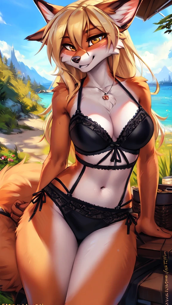 (Masterpiece, best quality, beautiful eyes, highly detailed, high res, anime), 1 girl, fox ears, fox tail, orange hair, green eyes, massive breasts, massive cleavage, Japanese priestess, Japanese dress, barefoot, seductive smile, water, temple, sexy, mature woman, wet clothes, wet skin, tight clothes, thick tights,