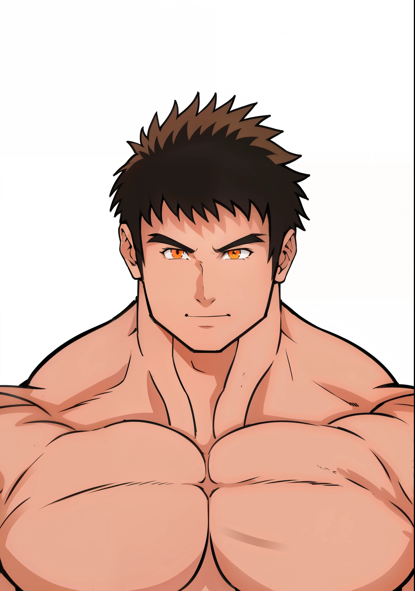 Generate an anime style artwork of a protagonist character, orange eyes,Hero and with a happier expression.