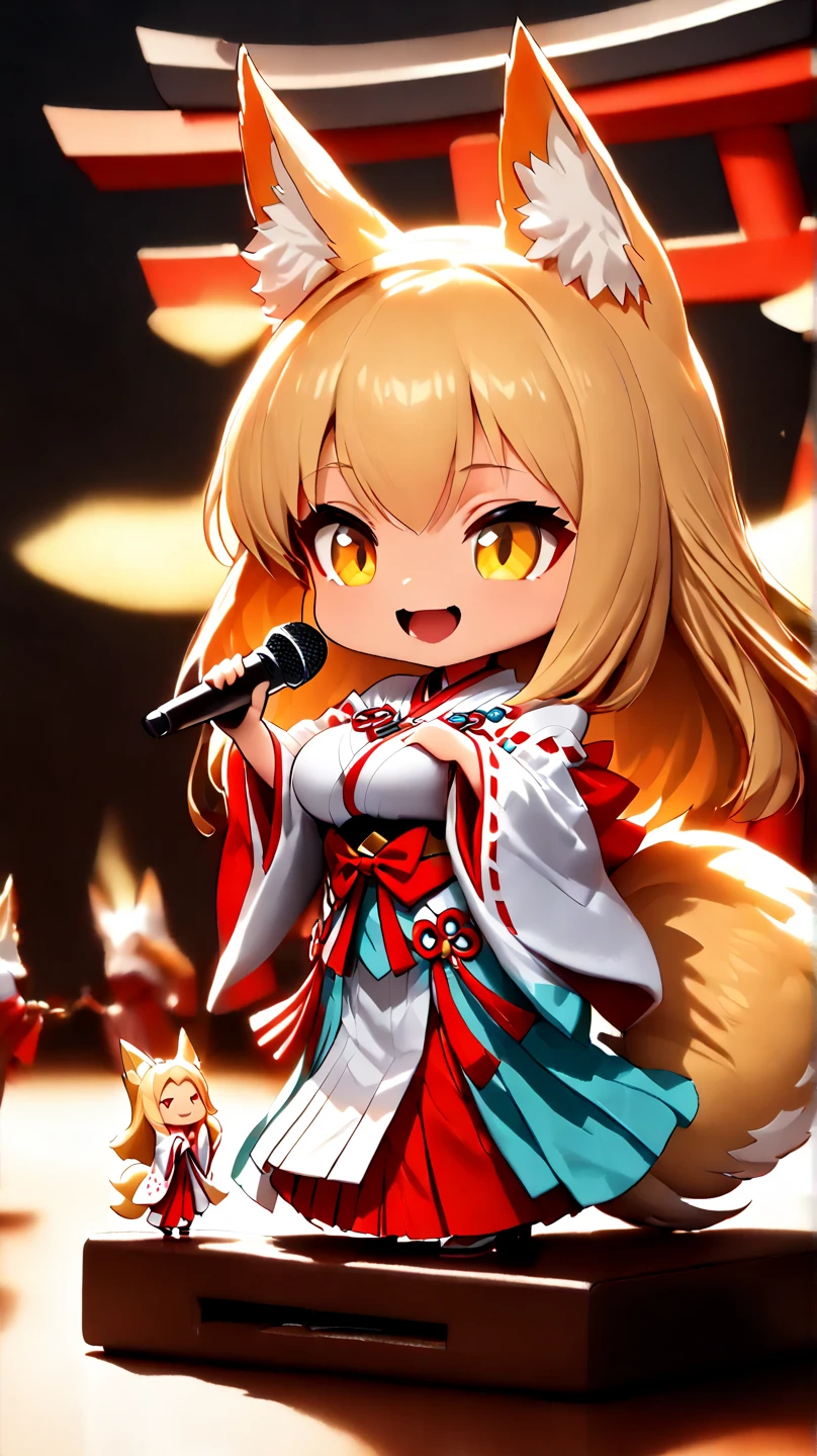 (  Masterpiece ,   best quality :1.2), ((( 1 anime girl))) , (((Alone))),   expressive eyes , Fox&#39;s Tail, ((( long blonde hair))). ((( straight hair))), milf, mature woman, (smile), ((( golden eyes))), (((Standard shrine maiden costume))), ((( fox ears))), Big Breasts, 嬉しそうなsmile, face shot, (((Hold the microphone and sing with your mouth open))),  looking at camera, goofy look, (((Torii of the small shrine ))),  Volume Light ,  subsurface scattering,  Cinematic Light ,  chiaroscuro,  jyojifuku, miko,red hakama, HUGE STUDY ROOM , ((( A miniature of a shrine on a huge desk))), ((( a very small hand-riding goddess on a huge desk))), Bird&#39;s-eye view, (((Tiny 5 cm tall woman ))), SD girl , ((full body))