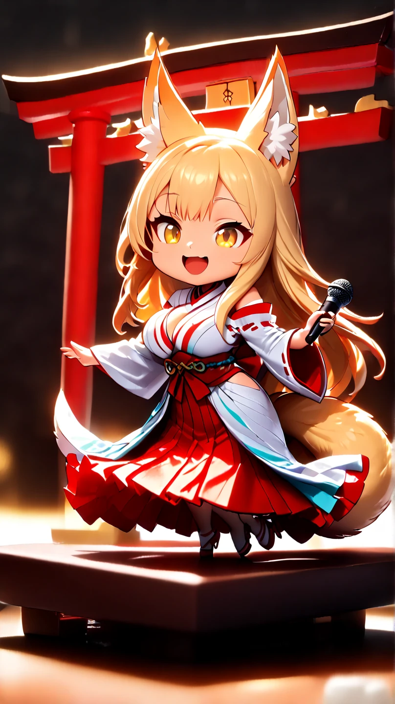 (  Masterpiece ,   best quality :1.2), ((( 1 anime girl))) , (((Alone))),   expressive eyes , Fox&#39;s Tail, ((( long blonde hair))). ((( straight hair))), milf, mature woman, (smile), ((( golden eyes))), (((Standard shrine maiden costume))), ((( fox ears))), Big Breasts, 嬉しそうなsmile, face shot, (((Hold the microphone and sing with your mouth open))),  looking at camera, goofy look, (((Torii of the small shrine ))),  Volume Light ,  subsurface scattering,  Cinematic Light ,  chiaroscuro,  jyojifuku, miko,red hakama, HUGE STUDY ROOM , ((( A miniature of a shrine on a huge desk))), ((( a very small hand-riding goddess on a huge desk))), Bird&#39;s-eye view, (((Tiny 5 cm tall woman ))), SD girl , ((full body))