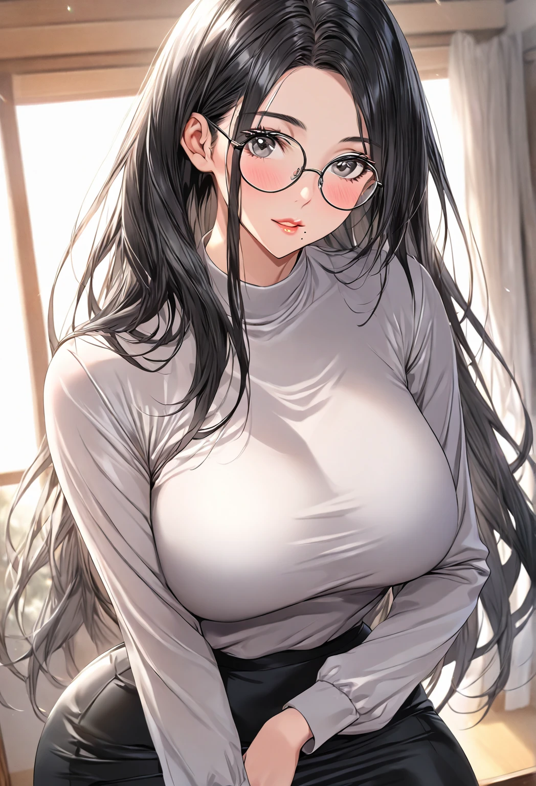 ((highest quality)), ((masterpiece)), (detailed), (front view), (one girl), sexy, shiny skin, glossy skin, height 168cm, bust 120cm, medium size breast, hourglass body, housewife, black hair, Wearing round glasses, Looking at viewer with gentle eyes, wearing a sophisticated, professional high school teacher outfit in a Japanese school setting. She wears a high-neck, tailored blouse in soft white, made from a flowing, breathable fabric. The blouse has long, billowy sleeves that taper gently at the wrists, adding a touch of elegance without being overly formal. Paired with a sleek, knee-length pencil skirt in white, which fits her perfectly and gives a flattering silhouette. She wears soft, sheer black tights and simple, closed-toe heels that add height without sacrificing comfort. The fabric is slightly translucent in the sunlight.Jin_Hee_Choi
black eyes, black hair, mole under mouth, mature female, curvy,