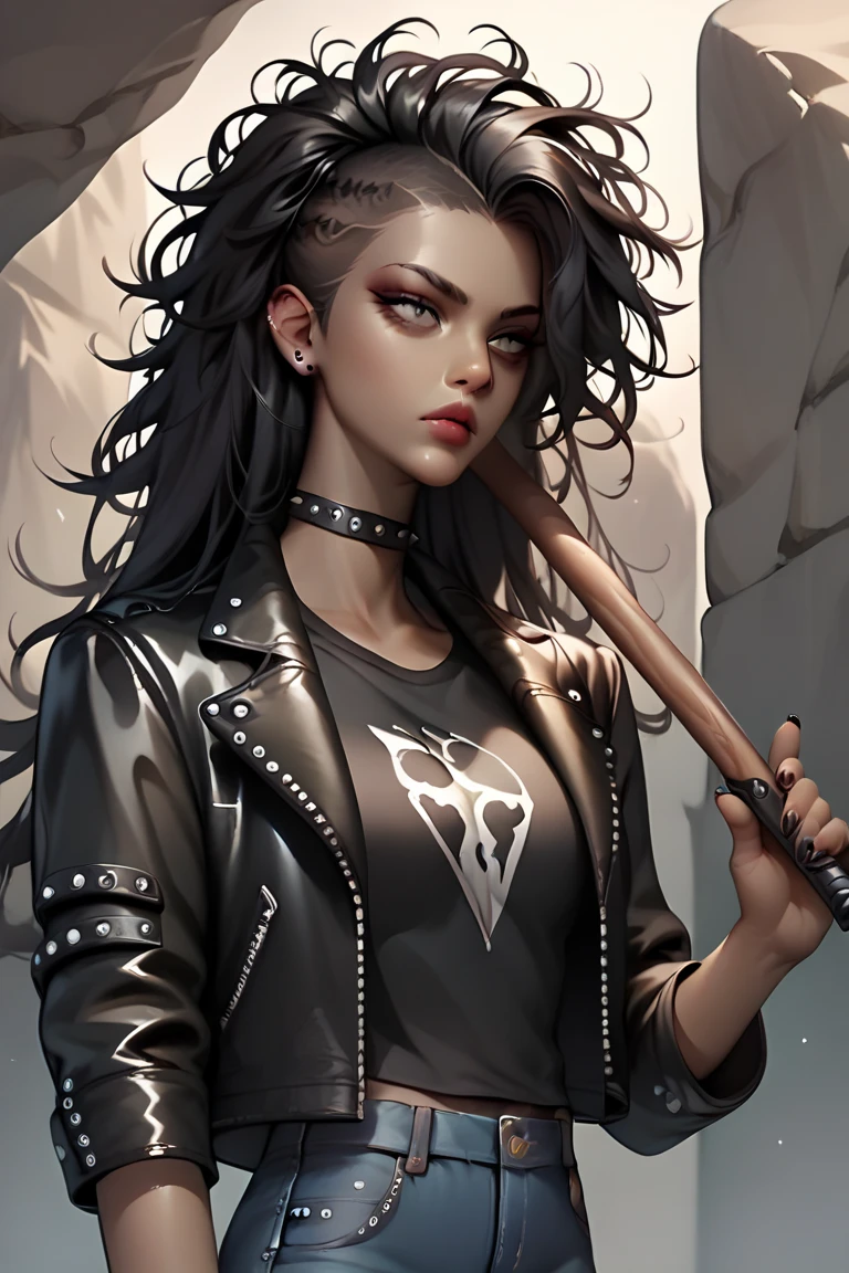 1girl, portrait, dark skin, black hair, messy hair, long hair, hair slicked back, holding bat, leather jacket, punk outfit, choker, rock shirt, bloodied pants, jeans