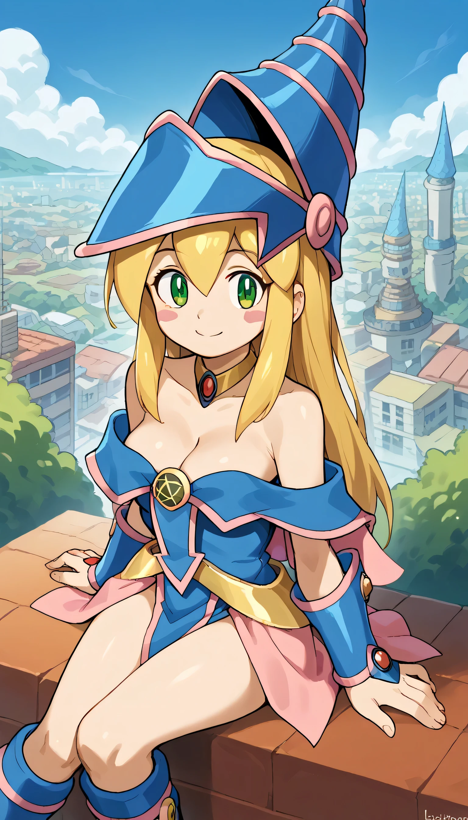 score_9, score_8_up, score_7_up, source_animedark magician girl cosplay, dark magician girl (cosplay), bare shoulders, blue footwear, blush, blush stickers, cleavage, collarbone, duel monster, hat, off shoulder, pentacle, wizard hat,, outdoors, cityscape, sitting, smile, blush, cowboy shot, looking at viewer,Roll (Mega man), android, long hair, blush, bangs, blonde hair, , green eyes,