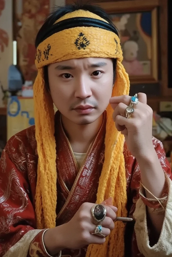 1boy, solo, brown eyes, lips, portrait, wide forehead, yellow headscarf, traditional attire, embroidered robe, ornate jewelry, rings, cultural, exotic, historical, regal, vibrant colors, ceremonial