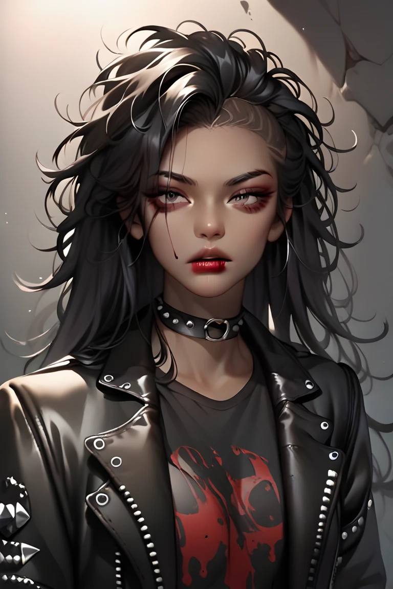 1girl, portrait, dark skin, black hair, messy hair, long hair, hair slicked back, holding bat, metal bat, leather jacket, punk outfit, choker, rock shirt, blood on pants