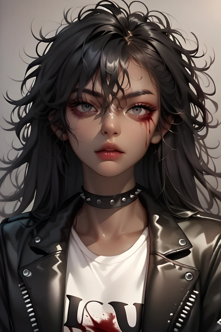 1girl, portrait, dark skin, black hair, messy hair, long hair, hair swept back, holding bat, metal bat, leather jacket, punk outfit, choker, rock shirt, blood on pants