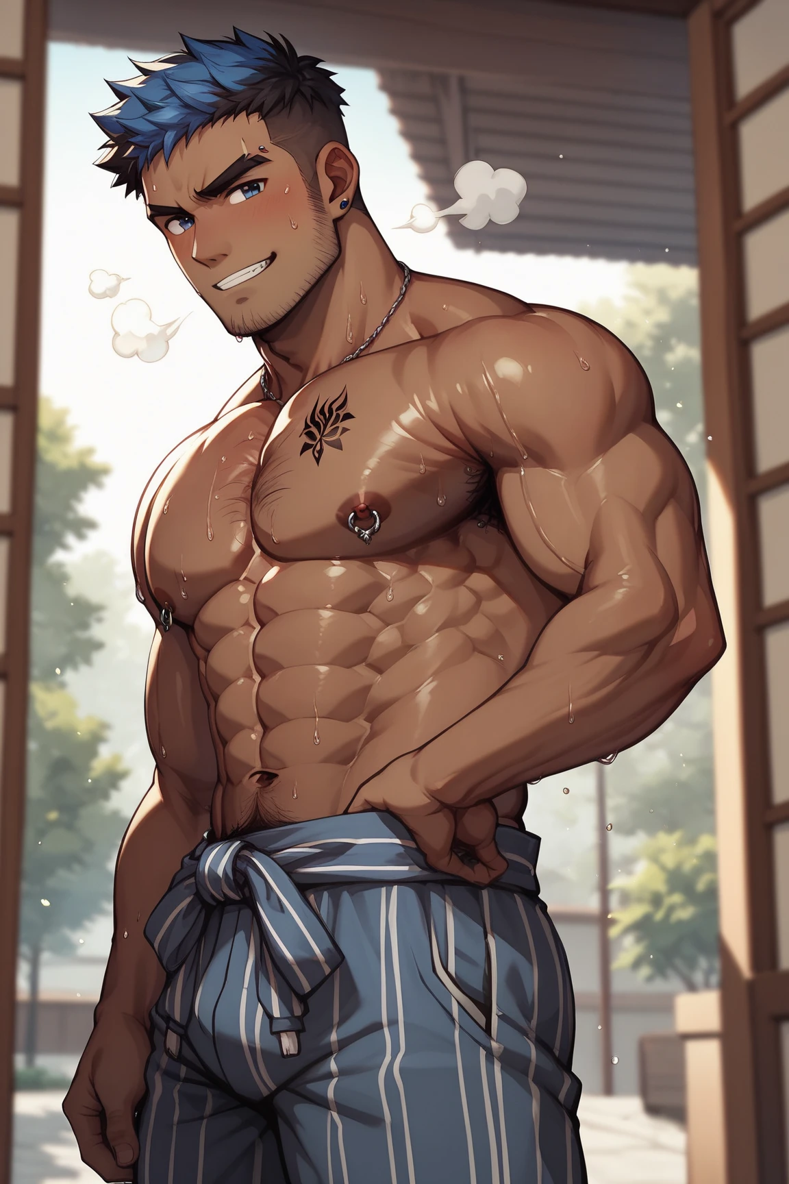 best quality 、night、firework、Veranda、 I'm wearing a yukata、(father:1.3) 、 manly、Age 30、 muscularityな男性、 brown skin、Hairy、 muscularity、crew cut、Blue Hair、(sweat:1.3)、steam、nipple piercing、tattoo on chest、 fun