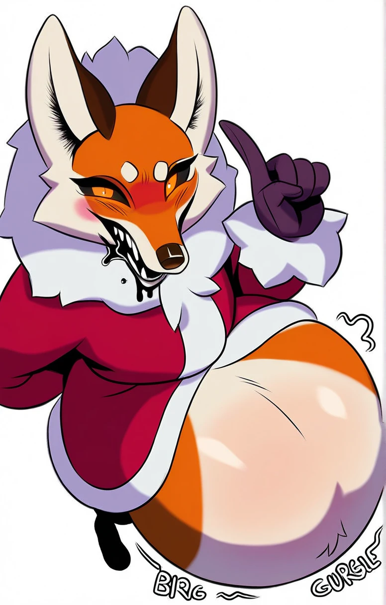 masterpiece, best quality, alice_the_vixen, solo, looking at viewer, simple background, long sleeves, white background, 1boy, gloves, animal ears, standing, jacket, tail, full body, male focus, hand up, orange eyes, fur trim, fox ears, fox tail, from above, fox girl, furry, index finger raised, brown gloves, colored sclera, arm behind back, santa costume, furry female, fur-trimmed jacket, black sclera, body fur, fur-trimmed sleeves, brown fur, fox, orange fur,,rumbling stomach,BURPING VORE BIG BELLY,sexy ass,big belly, burping Curling belly,vore belly rumbling belly stomach,pCrying on pain in the stomach,black blood from mouth.rumbling in the stomach,