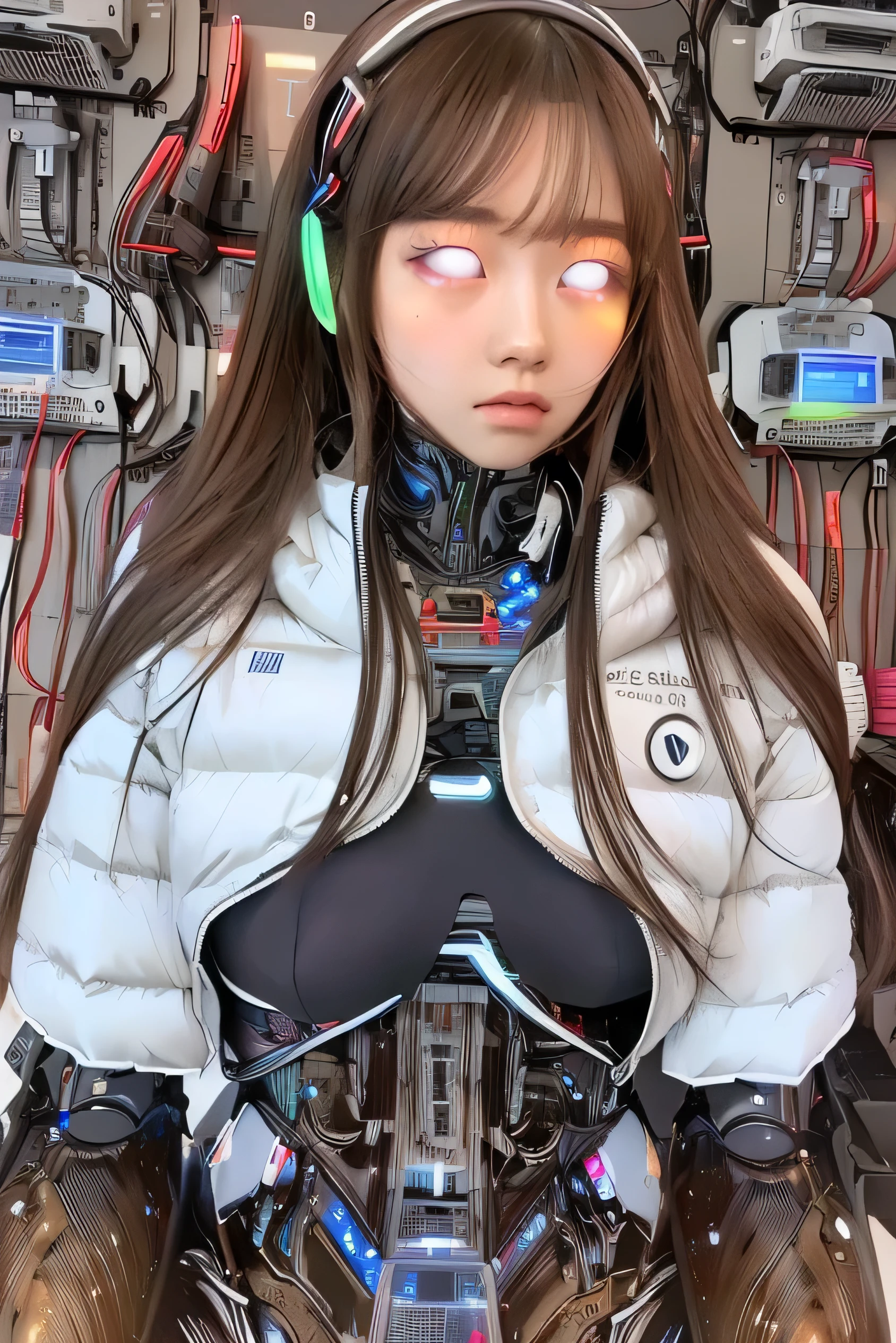 masterpiece, best quality, extremely detailed,front view,japaese android girl,control panels,android,Droid,Mechanical Hand,Robot arms and legs,down jacket,long hair,brown hair,long tube,thick cable connected her neck,shirome,(Glowing Eyes Meme:1.2)